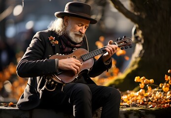 Alter Mann spielt Gitarre / Musiker mit Hut / Gitarrist spielt Musik in einem Park / Musiker Wallpaper / Ai-Ki generiert