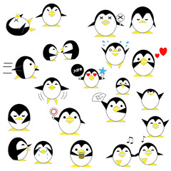 いろいろなポーズをとるアイコンやスタンプにもなるシンプルなペンギンのセット