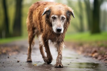 dog walking with a limp due to arthritic condition - obrazy, fototapety, plakaty