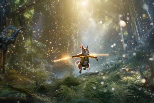 Eichh&ouml;rnchen mit Laserschwert in einem magischen Wald / Fantasy Tier Poster / Witzige Eichh&ouml;rnchen Fantasie Illustration / Ki-Ai generiert