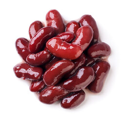 Pile of canned red beans close-up on a white background. Top view
