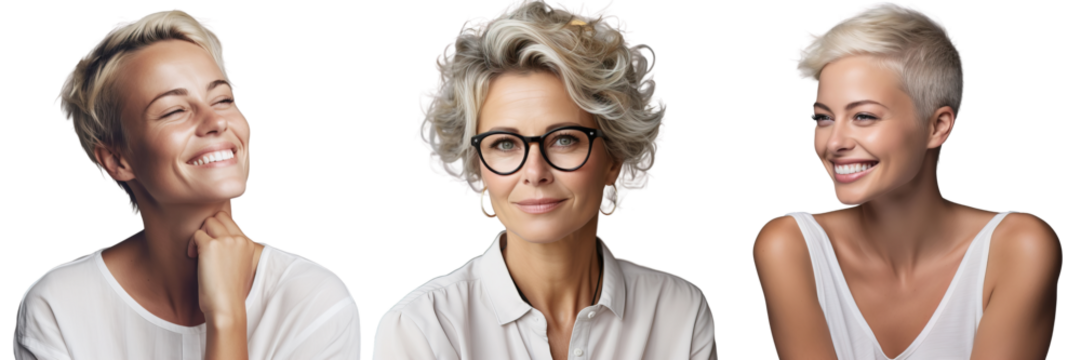 Portrait of three different women of different ages, white shirt with glasses. Business people smile, beautiful women. Transparent isolated background.