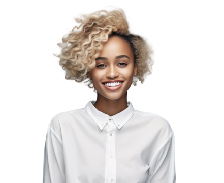 Portrait of a freelance student office employee, a young woman with curly hair in a white shirt, well-groomed facial skin, looking at the camera, beautiful makeup. Transparent isolated background.