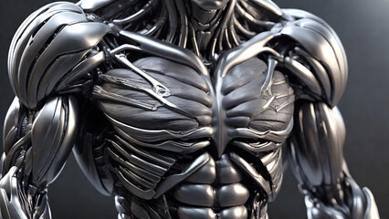 Futuristic solid muscles reticular tissues, layered silver and black muscle, robot muscle