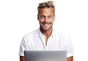 A man in a shirt uses a laptop computer workplace in the office, works online on the Internet. Transparent isolated background.
