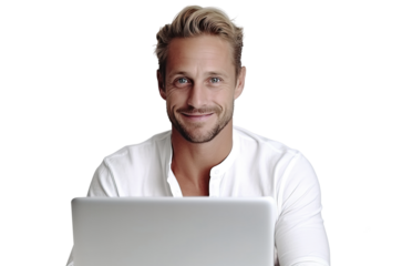 The man uses a laptop to teach online programming courses and foreign languages. Transparent isolated background.