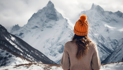 Portrait from the back of the girl traveler in an orange sweater and hat in the mountains against the background of a frozen mountain. Photo travel concept
