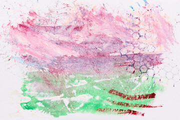 Abstract green purple background. Multicolor brush strokes and paint spots on white paper, bright contrasting background