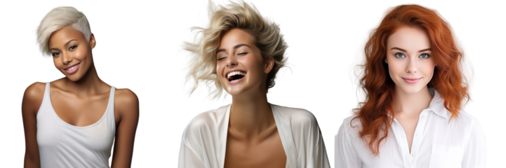 Three different women people smile well-groomed clean facial skin, light makeup. The concept of cosmetology and cosmetic products for facial skin care. Transparent isolated background.