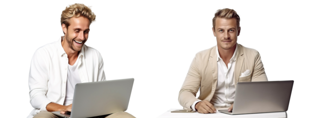 Financiers real estate agents young guys online work at the computer. Male managers people use a laptop workplace in the office.  Transparent background.