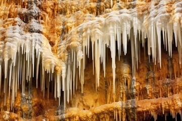 close up of stalactites and stalagmites formation - obrazy, fototapety, plakaty