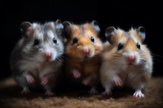 3 Hamster vor schwarzem Hintergrund. Niedliche Haustiere. Goldhamster