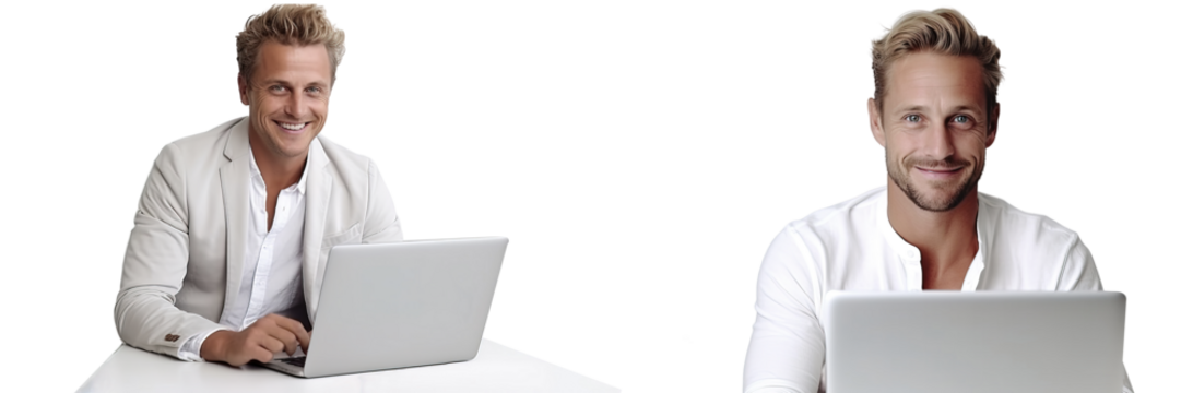 Men people use a laptop workplace in the office, Entrepreneurs young guys online work at the computer. Transparent background.