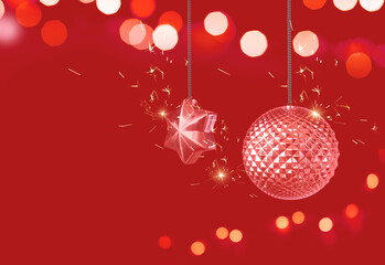 Christmas ball, star and lights on red background. Christmas and new year card. Copy space