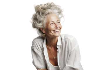 Old granny is a fashionable healthy beautiful elderly woman smiling looking at the camera. Gray hair and hairstyle. An adult pensioner is a happy person. Transparent background.