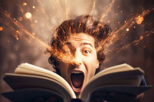 Close-up of a person's expression while encountering a plot twist in a book, capturing the emotional rollercoaster of storytelling, creativity with copy space