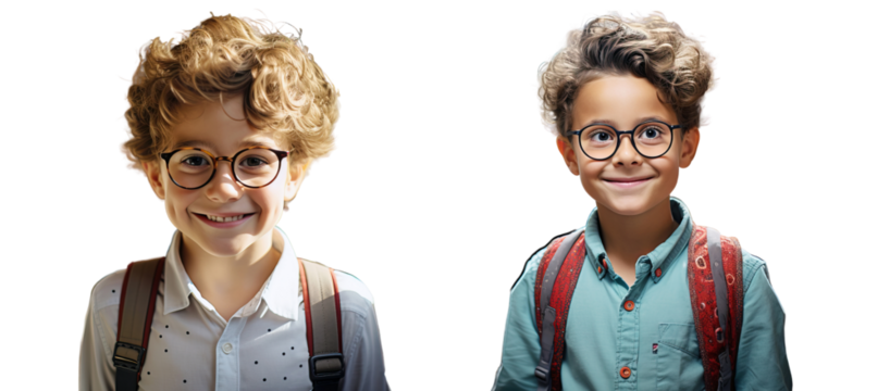 Schoolchildren of a boy with glasses smart kids are going to study. Two students with briefcases. Transparent background.