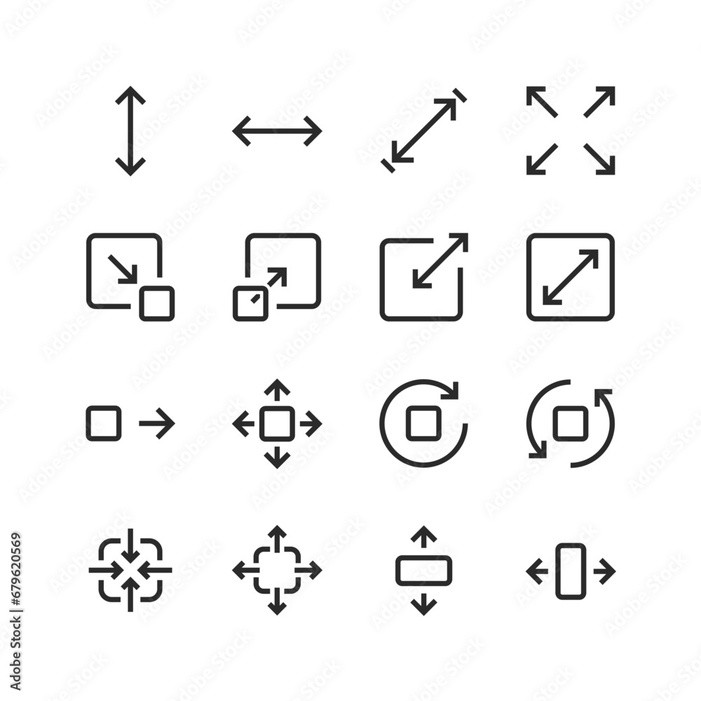 Wall mural size icons set. measurement and resizing. height, width, depth. displays the dimensions of objects. 