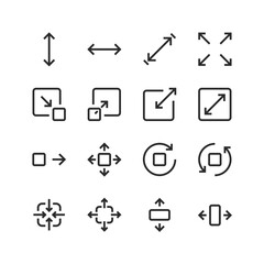 Size icons set. Measurement and resizing. Height, width, depth. Displays the dimensions of objects. Defining and adjusting the size. Black and white style