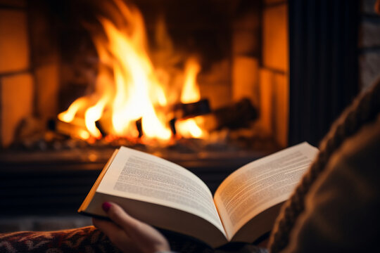 Close-up of a person engrossed in a book while sitting by a fireplace, creating a warm and cozy reading environment, creativity with copy space