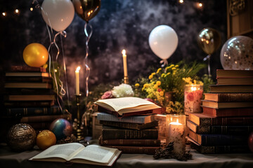 Creative photo of a book-themed party or gathering with themed decorations and props, showcasing the communal joy of literature, creativity with copy space