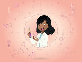 Illustration of the International Day of Women and Girls in Science. Set of scientific icons. Illustration of girl with test tube in hand and chemical formula in the other.