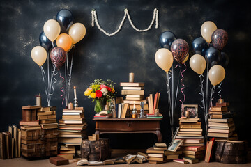 Creative photo of a book-themed party or gathering with themed decorations and props, showcasing the communal joy of literature, creativity with copy space