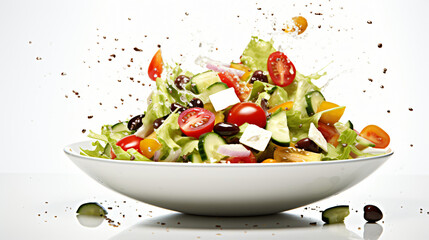 Greek salad fresh components dropping into bowl