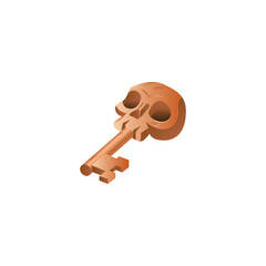 Magic bronze key with with a skull, vector game icon isolated on white