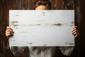 Person showing a large blank sheet for inserting text, logo, advertising material, slogan etc