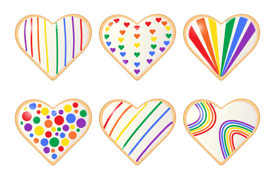 Set of heart-shaped cookies covered with confectionery glaze in rainbow colors. Sweet dessert for Valentine's Day, LGBTQ communities, pride symbols