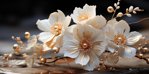 Wunderschöne weiß mit goldenen Blumen in der Vase als Dekoration Querformat für Banner, ai generativ