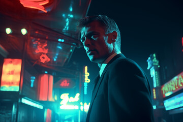 Handsome mysterious senior businessman - profile view - glowing neon city lights at night