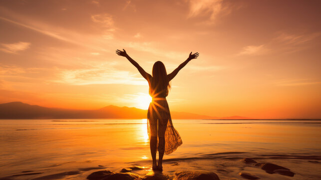 woman in beach shore at sunset raising arms
