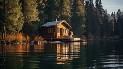 Fototapeta premium wooden cabin on forest near a lake. house in nature