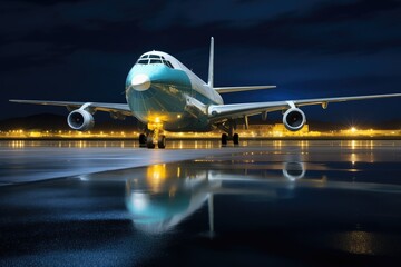 a cargo plane at night, illuminated by airport lights