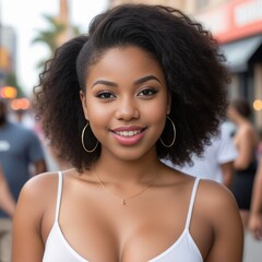 Portrait of attractive cheerful african american busty girl at street