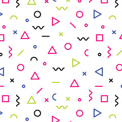 Seamless mephis graphic pattern 80s-90s trendy styles on white background. Colorful pattern with different shapes objects. Design for wrapping paper, fabric background, wallpaper. Vector illustration