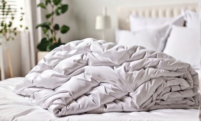 White folded duvet lying on white bed background. Preparing for winter christmas season, household, domestic activities, hotel or home textile created with generative ai