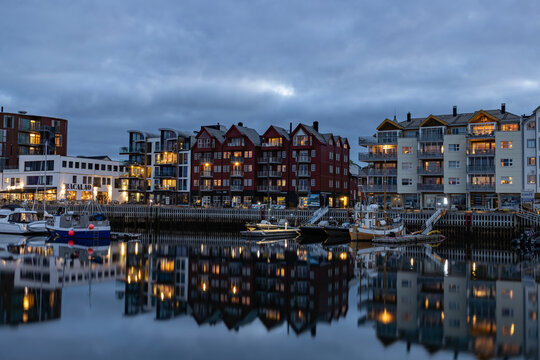 Svolv&aelig;r city harbor at night,Lofoten,Norway	