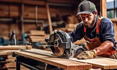 A sawmill worker with cutter working on wood products with machine in a factory poster with copy space created with generative ai  - obrazy, fototapety, plakaty