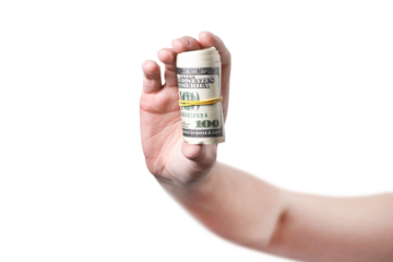 A hand shows a roll of money isolated on white or png transparent background 100 dollars