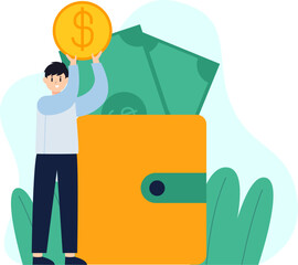 a man was putting large gold coins into a large wallet containing some money