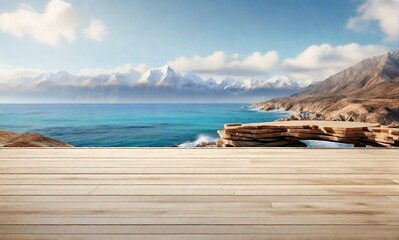 Fototapeta na wymiar Empty wooden floor for product display montages with sea and mountain background for ecommerce products display created with generative ai