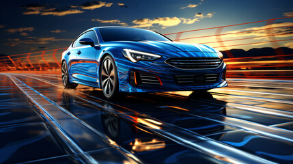 a blue sports car stands polished in a colorful futuristic street environment