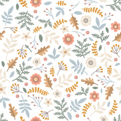 Floral Pattern with Flowers and Leaves on White Background. Vector
