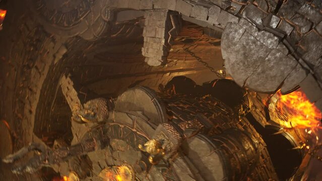 Dark Castle, Flight of a Drone, Lava, Gargoyle, Fire, Darkness, Satue 3D Animations Rendering CGI Cinematic 4K