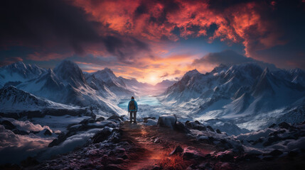Mountain landscape with a hiker on a trail with red sunset sky. - obrazy, fototapety, plakaty