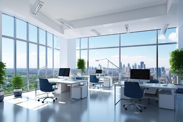 Bright and clean office environment abstract background Bright office with plants and large windows. by Generated AI