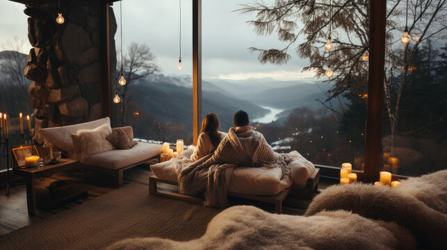 Back view of young loving couple sitting on sofa and looking at beautiful mountain landscape in cozy country house cabin.